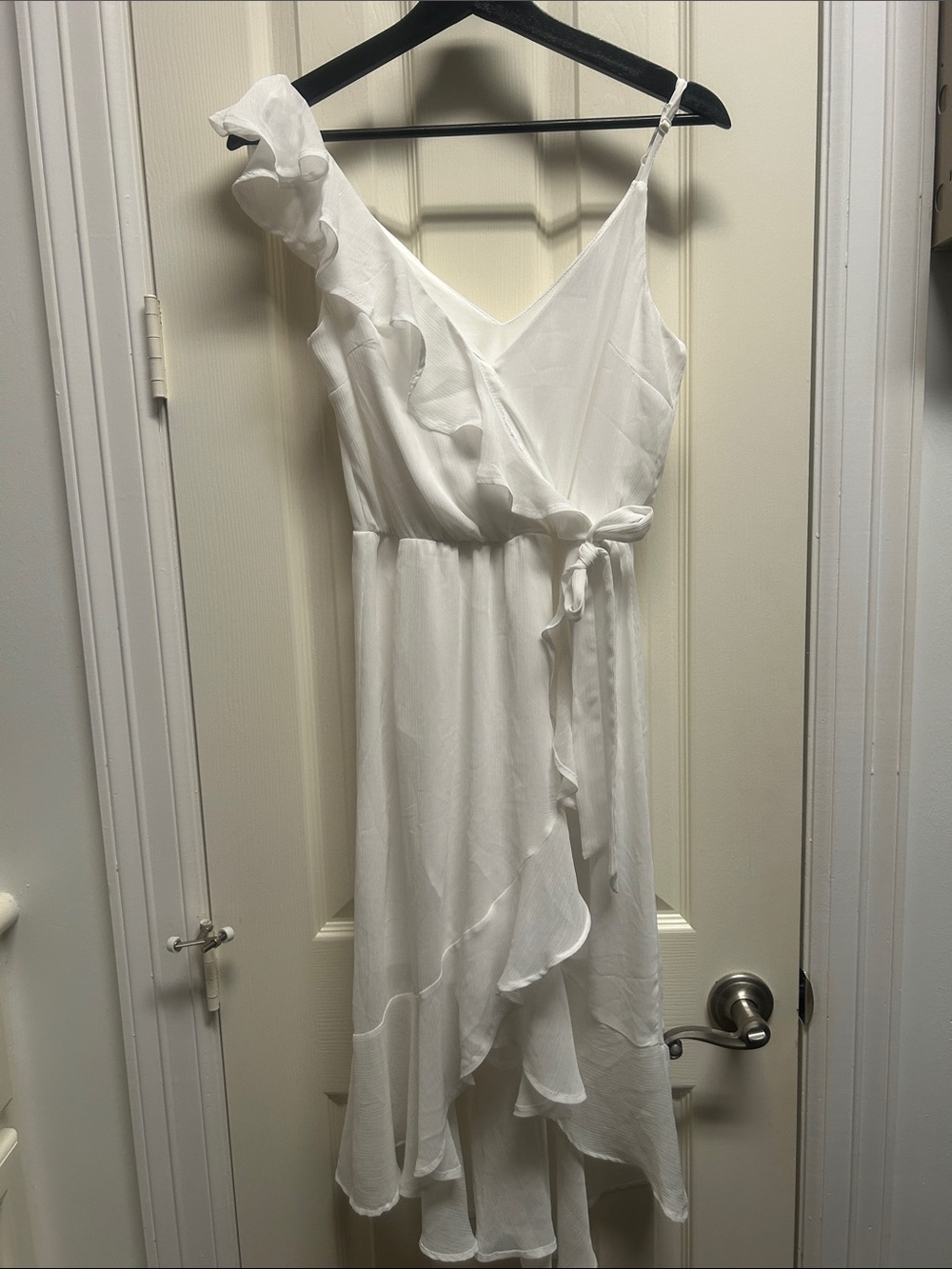 White One-Shoulder Ruffle Wrap Dress